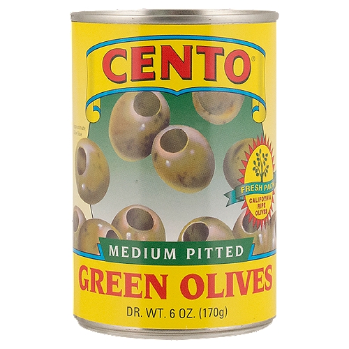 Hand-picked at the peak of flavor, Cento Green Pitted Olives are immediately packed in brine to protect them from exposure to the air. The final product is a tender green olive with characteristics natural brown blemishes.