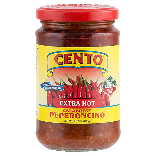 Cento Extra Hot Calabrese Peperoncino Hoagie Spread, 9.87 oz
Made from renowned Italian Calabrian peppers, Cento Calabrese Peperoncino makes a delicious spread that's great on sandwiches, pasta and pizza. The extra spicy level of the peppers combined with oil provides the perfect balance between spice and authentic Italian taste.
