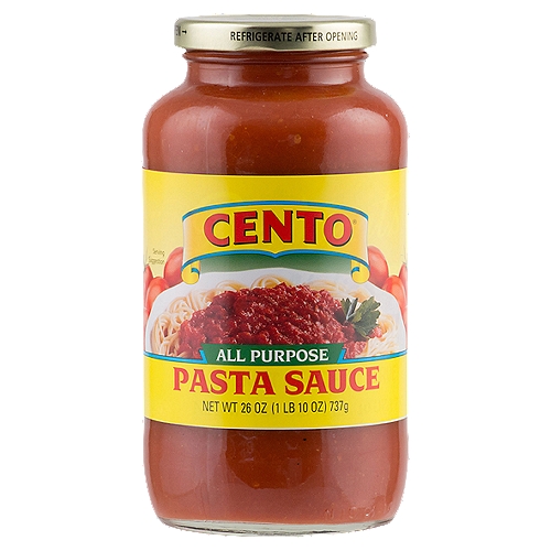 CENTO All Purpose Pasta Sauce, 26 oz
No Sugar Added*
*Not a low calorie food. See nutritional panel for sugar and calorie content.

Cento Pasta Sauce is produced using the ripest tomatoes and a blend of the finest extra virgin olive oil, herbs and spices. These ingredients combine to make a traditional Italian pasta sauce. Simply heat and serve this versatile sauce over your favorite Anna® pasta, or use it to enhance any of your everyday recipes.