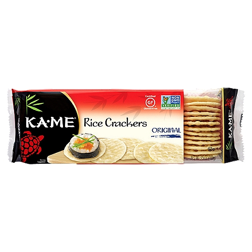Ka-Me Original Rice Crackers, 3.5 oz
Celebrating the Tastes of Asia
Known in Japan as rice sembei, rice-based crackers are the most traditional and popular of Japanese snacks. Ka•Me Rice Crackers are made from jasmine rice, providing aromatic fragrance and distinct flavor. Subtly seasoned with traditional Asian flavors and contemporary spices, Ka•Me Rice Crackers contain no artificial flavors or colors, are certified gluten-free and Non-GMO Project Verified. Ka•Me Original Rice Crackers can be enjoyed on their own, served with cheeses or dips and are perfect to create small plates for sharing and entertaining.