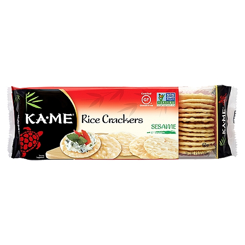 Ka-Me Sesame Rice Crackers, 3.5 oz
Celebrating the Tastes of Asia
Known in Japan as Rice Sembei, rice-based crackers are the most traditional and popular of Japanese snacks. Ka-Me Rice Crackers are made from jasmine rice, providing aromatic fragrance and distinct flavor. Subtly seasoned with traditional Asian flavors and contemporary spices, Ka-Me Rice Crackers contain no artificial flavors or colors, are certified gluten-free and Non-GMO Project Verified. Ka-Me Sesame Rice Crackers can be enjoyed on their own, served with cheeses or dips and are perfect to create small plates for sharing and entertaining.