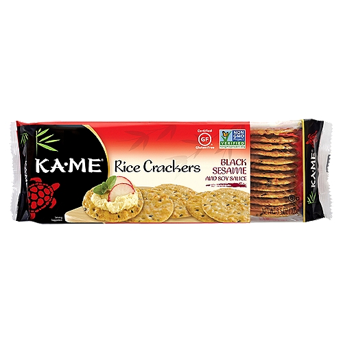 Ka-Me Black Sesame and Soy Sauce Rice Crackers, 3.5 oz
Celebrating the Tastes of Asia
Known in Japan as rice sembei, rice-based crackers are the most traditional - and popular - of Japanese snacks. Ka•Me Rice Crackers contain no artificial flavors or colors, are gluten-free and subtly seasoned with traditional Asian flavors and contemporary spices. Our Black Sesame and Soy Sauce Rice Crackers can be enjoyed on their own, or served with a variety of cheeses and dips.