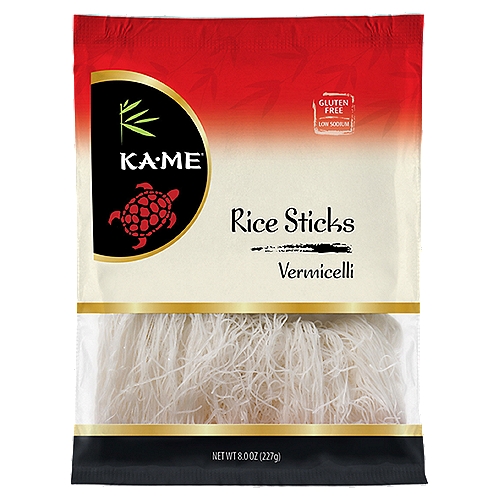 Ka-Me Vermicelli Rice Sticks, 8.0 oz
Rice Sticks, also called Vermicelli, are used throughout Asian cooking in soups, spring rolls, salads, and stir-fries. They can also be deep-fried until light and crispy and added as a garnish on top of a salad.