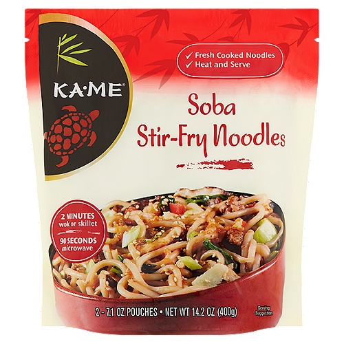 Ka-Me Soba Stir-Fry Noodles, 7.1 oz, 2 count
Soba noodles consist of wheat and buckwheat and are an everyday ingredient in Japanese cooking. Wholesome and versatile, they can be eaten hot in a broth, topped with thinly sliced scallions and sesame seeds or served chilled with a variety of sauces, including teriyaki and soy sauce.

The Key to Asian Made Easy.™