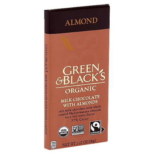 Green & Black's Organic Milk Chocolate with Almonds, 3.17 oz
Rich milk chocolate with whole roasted Mediterranean almonds for a full nutty flavor