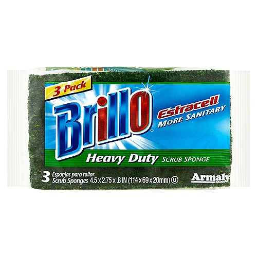 Brillo Estracell Heavy Duty Scrub Sponge, 3 count
Heavy Duty scrub material is designed to clean the toughest surfaces. It will remove burned on foods and grease from cast iron pots and pans.

Independent test results demonstrate that bacteria will not feed and survive on the sponge fibers of Estracell sponge material...Naturally!

The unique cell structure rinses cleaner and dries out faster eliminating the perfect breeding condition for bacteria and fungal growth.