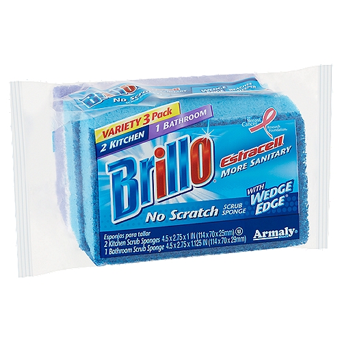 Brillo Estracell No Scratch Scrub Sponge Variety Pack, 3 count
No-Scratch scrub material is designed to clean delicate surfaces including porcelain, non-stick cookware, glassware and counter tops. Some plastic and painted surfaces may be damaged by abrasives. Test in an inconspicuous area.

Independent test results demonstrate that bacteria will not feed and survive on the sponge fibers of Estracell sponge material...Naturally!

The unique cell structure rinses cleaner and dries out faster eliminating the perfect breeding condition for bacteria and fungal growth.