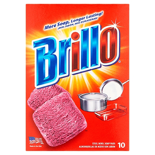 Brillo Steel Wool Soap Pads, 10 count
Bright Spots Beyond The Sink
Brillo helps cut through grime and leaves tough to clean surfaces brilliant wherever you clean.

Cookware
Silverware, dishes/bowls, bakeware, glassware, utensils, pots & pans

Indoors
Stovetops/ovens, burners, tile floors, countertops, stainless-steel sinks, glass shower doors

Outdoors
Barbecue grills, tire/wheels, machinery/tools, outdoor patio, furniture, golf clubs