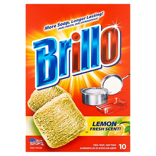 Brillo Lemon Fresh Scent! Steel Wool Soap Pads, 10 count
Bright Spots Beyond The Sink
Brillo helps cut through grime and leaves tough to clean surfaces brilliant wherever you clean.

Cookware
Silverware, dishes/bowls, bakeware, glassware, utensils, pots & pans

Indoors
Stovetops/ovens, burners, tile floors, countertops, stainless-steel sinks, glass shower doors

Outdoors
Barbecue grills, tire/wheels, machinery/tools, outdoor patio, furniture, golf clubs