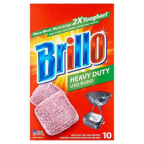 Brillo Heavy Duty Steel Wool Soap Pads, 10 count
Bright Spots Beyond The Sink
Brillo helps cut through grime and leaves tough to clean surfaces brilliant wherever you clean.

Cookware
Silverware, dishes/bowls, bakeware, glassware, utensils, pots & pans

Indoors
Stovetops/ovens, burners, tile floors, countertops, stainless-steel sinks, glass shower doors

Outdoors
Barbecue grills, tire/wheels, machinery/tools, outdoor patio, furniture, golf clubs