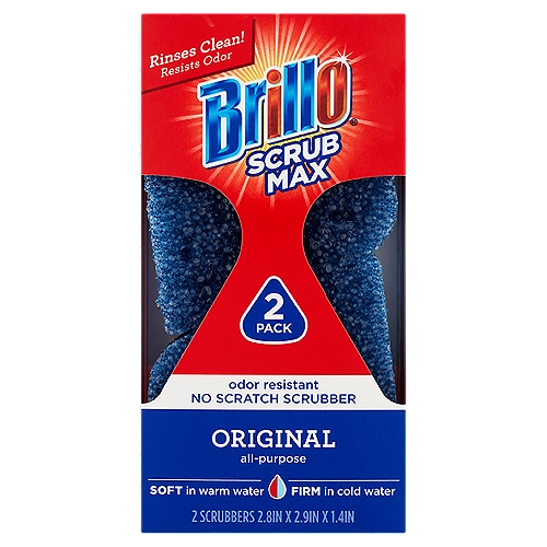 Brillo Scrub Max Original All-Purpose Scrubbers, 2 count
Brilliant Beyond the Sink™
Brillo helps cut through grime and leaves tough-to-clean surfaces brilliant.

Resists Odor
Open cell structure allows food to rinse out completely

Ergonomic Shape
Rests comfortably in your hand for easy scrubbing

Flat Edge
Allows the scrubber to stand straight for quicker drying

Pointed Edge
Perfect for small, hard to clean spaces