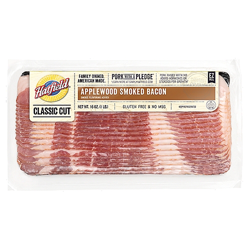 We have every kind of bacon, for every time of day. And it's sure to bring everyone to the table. Applewood bacon. Richer, heartier, and smokier. nnAt Hatfield® there's a greater sense of purpose in everything we do. As an American, family-owned business with more than 125 years of history, we've always believed in doing the right thing, not the new thing. nnPork with a Pledge®: We're driven by a conviction that our business isn't just about our quality products, but it's about our commitment to animal care and accountability to our farmers, community and you! Pork raised with no added hormones or steroids for growth.* nn*Learn more about our values and find great recipes at SimplyHatfield.com. Questions? Call toll free: 1-800-743-1191 Mon. - Fri. 8 am - 4 pm.