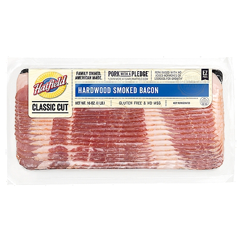 We have every kind of bacon, for every time of day. And it's sure to bring everyone to the table. This smaller package of our classic, thick-sliced Hardwood Smoked Bacon is the perfect way to start any day.nnAt Hatfield® there's a greater sense of purpose in everything we do. As an American, family-owned business with more than 125 years of history, we've always believed in doing the right thing, not the new thing.nnPork with a Pledge®: We're driven by a conviction that our business isn't just about our quality products, but it's about our commitment to animal care and accountability to our farmers, community and you! Pork raised with no added hormones or steroids for growth.*nn*Learn more about our values and find great recipes at SimplyHatfield.com. Questions? Call toll free: 1-800-743-1191 Mon. - Fri. 8 am - 4 pm.