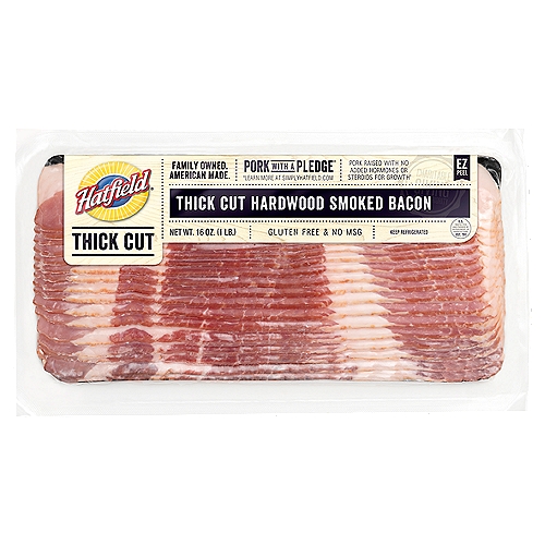 We have every kind of bacon, for every time of day. And it's sure to bring everyone to the table. Our delicious thick cut bacon has the same great taste as our favorite Hatfield® bacon. But there's more bacon to love, because it's thick bacon.nnAt Hatfield® there's a greater sense of purpose in everything we do. As an American, family-owned business with more than 125 years of history, we've always believed in doing the right thing, not the new thing. nnPork with a Pledge®: We're driven by a conviction that our business isn't just about our quality products, but it's about our commitment to animal care and accountability to our farmers, community and you! Pork raised with no added hormones or steroids for growth.* nn*Learn more about our values and find great recipes at SimplyHatfield.com. Questions? Call toll free: 1-800-743-1191 Mon. - Fri. 8 am - 4 pm.