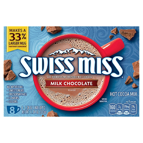 Swiss Miss Milk Chocolate Flavor Hot Cocoa Mix, 1.38 oz, 8 count
Makes a 33% Larger Mug than the Next Leading Brand*
*When Prepared According to Package Directions; Swiss Miss Makes 8 Oz Mug of Cocoa, Next Leading Brand 6 Oz.

Embrace Every Sip of Swiss Miss
Made with Real Cocoa and Real Nonfat Milk, Our Cocoa Warms and Delights with Every Mug.
Whatever You're Warming Up to, Know that You've Got Everything You Need in the Palms of Your Hands.