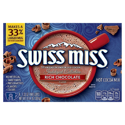 Swiss Miss Rich Chocolate Flavor Hot Cocoa Mix, 1.33 oz, 8 count
Makes a 33% Larger Mug than the Next Leading Brand*
*When Prepared According to Package Directions; Swiss Miss Makes 8 Oz Mug of Cocoa, Next Leading Brand 6 Oz.

Embrace Every Sip of Swiss Miss
Crafted with Real Cocoa and Real Nonfat Milk, Every Mug of Our Indulgent Collection Gives You a Moment to Relax.
Seize the Moment You've Been Craving - You've Got Everything You Need in the Palms of Your Hands.