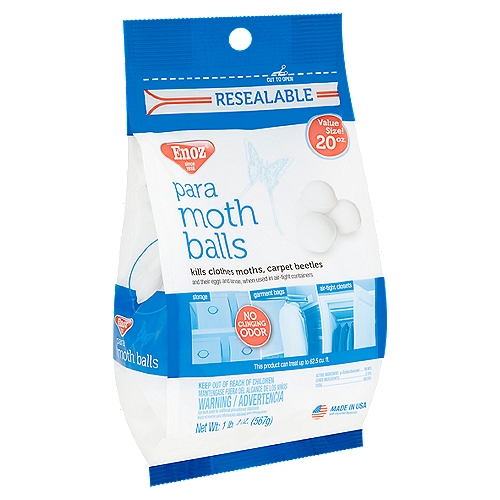 Enoz Para Moth Balls Value Size!, 1 lb 4 oz
Kills clothes moths, carpet beetles and their eggs and larvae, when used in air-tight containers.