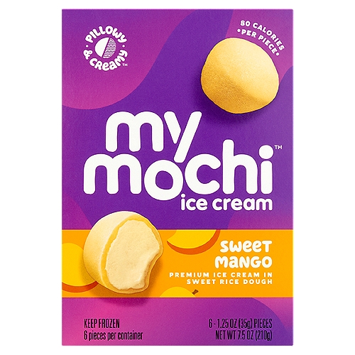 My/Mochi Sweet Mango Ice Cream, 1.5 oz, 6 count
Premium Ice Cream in Sweet Rice Dough

Pillowy & Creamy™

Get Ready for Things to Get a Little Weird
''What?'' Turns to ''Woah'' Real Quick when You Take a Bite of My/Mochi™ - It's Creamy Ice Cream Snuggled Inside Pillowy Rice Dough for Unprecedented Puffnificence. Weird, Right? It Just Works

Why Make Ice Cream That's Chewy? Well, Why Not? It Makes No Sense so Don't Think about It Too Hard. Just Ride the Wave of Desquishious Satisnacktion and Ignore the Fact that We Made up a Bunch of Words.

Made with Milk from Cows Not Treated with rBST*
*No significant difference has been shown between milk derived from rBST treated and non-rBST treated cows.