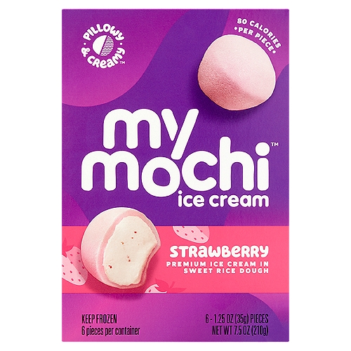 My/Mochi Strawberry Premium Ice Cream in Sweet Rice Dough, 1.5 oz, 6 count
Pillowy & Creamy™

Get Ready for Things to Get a Little Weird
"What?" Turns to "Woah" Real Quick when You Take a Bite of My/Mochi™ - It's Creamy Ice Cream Snuggled Inside Pillowy Rice Dough for Unprecedented Puffnificence. Weird, Right? It Just Works

Why Make Ice Cream That's Chewy? Well, Why Not? It Makes No Sense so Don't Think about It Too Hard. Just Ride the Wave of Desquishious Satisnacktion and Ignore the Fact that We Made up a Bunch of Words.

Made with Milk from Cows Not Treated with rBST*
*No significant difference has been shown between milk derived from rBST treated and non-rBST treated cows.