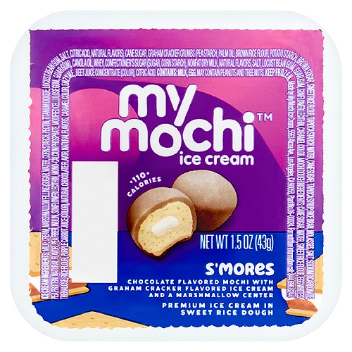 My/Mochi S'mores Premium Ice Cream in Sweet Rice Dough, 1.5 oz
Chocolate Flavored Mochi with Graham Cracker Flavored Ice Cream and a Marshmallow Center