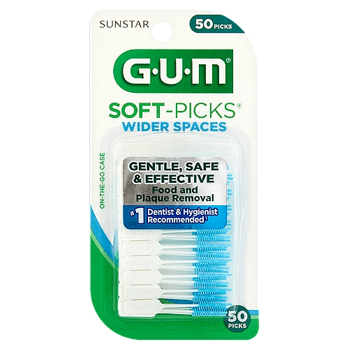 Sunstar GUM Wider Spaces Soft-Picks, 50 count
Cleans between your teeth for improved oral health
• Soft, flexible rubber bristles slide between teeth for gentle, safe and effective food and plaque removal²
• 25% Wider than Soft-Picks® Original to fit into larger spaces.
• Helps keep gums healthy - comfortable bristles massage and stimulate gums
• Gently removes the plaque that causes gingivitis
• Convenient case makes it easy to use on-the-go
² Clinical data on file, DOF-0016