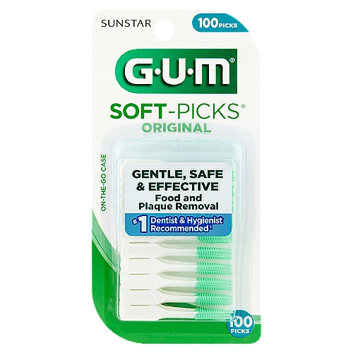 Sunstar GUM Original Soft-Picks, 100 count
Cleans between your teeth for improved oral health
• Soft, flexible rubber bristles slide between teeth for gentle, safe and effective food and plaque removal²
• Helps keep gums healthy - comfortable bristles massage and stimulate gums.
• Gently removes the plaque that causes gingivitis
• Convenient case makes it easy to use on-the-go
² Clinical data on file, DOF-0016