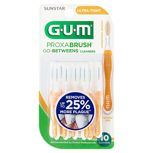 Sunstar GUM Proxabrush Go-Betweens Ultra Tight Cleaners, 10 count
Triangular shaped bristles remove up to 25% more plaque*
* Compared to conventional nylon filament. Data on file (DOF-0001)

Antibacterial bristles keep brush clean between uses**
** Bristles incorporate an antibacterial agent for continuous bristle protection. Bacterial growth that may affect the bristles is inhibited. The agent in the bristles does not protect against disease.