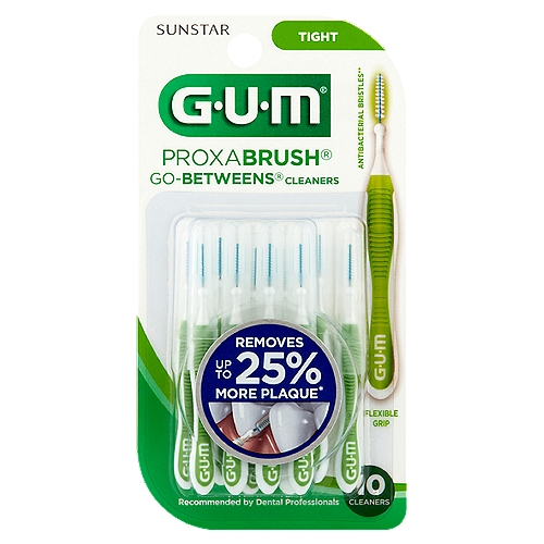 Sunstar G-U-M Tight Proxabrush Go-Betweens Cleaners, 10 count
Triangular shaped bristles remove up to 25% more plague*
* Compared to conventional nylon filament. Data on file (DOF-0001)

Antibacterial bristles keep brush clean between uses**
** Bristles incorporate an antibacterial agent for continuous bristle protection. Bacterial growth that may affect the bristles is inhibited. The agent in the bristles does not protect against disease.