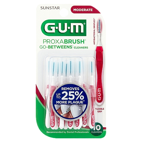 Sunstar G.U.M Moderate Proxabrush Go-Betweens Cleaners, 10 count
Removes up to 25% more plaque*
Triangular shaped bristles remove up to 25% more plaque*
* Compared to conventional nylon filament. Data on file (DOF-0001)

Antibacterial bristles keep brush clean between uses**
** Bristles incorporate an antibacterial agent for continuous bristle protection. Bacterial growth that may affect the bristles is inhibited. The agent in the bristles does not protect against disease.