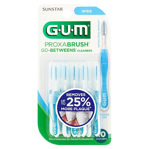 Sunstar G.U.M Wide Proxabrush Go-Betweens Cleaners, 10 count
Removes up to 25% more plaque*
Triangular shaped bristles remove up to 25% more plaque*
* Compared to conventional nylon filament. Data on file (DOF-0001)

Antibacterial bristles keep brush clean between uses**
** Bristles incorporate an antibacterial agent for continuous bristle protection. Bacterial growth that may affect the bristles is inhibited. The agent in the bristles does not protect against disease.