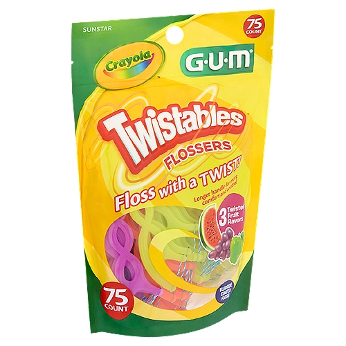 Sunstar GUM Crayola Twistables Flossers, 75 count
GUM® Crayola™ Twistables™ Flossers a fun way to floss:
• 3 twisted fruit flavors to choose from - melon, grape or apple to vary the fun and keep your child flossing
• Fluoride coated floss - helps prevent cavities and cleans between teeth to improve gum health
• The floss is designed to reduce shredding and slide easily between teeth
• Longer handle provides more comfort and control for the little hands