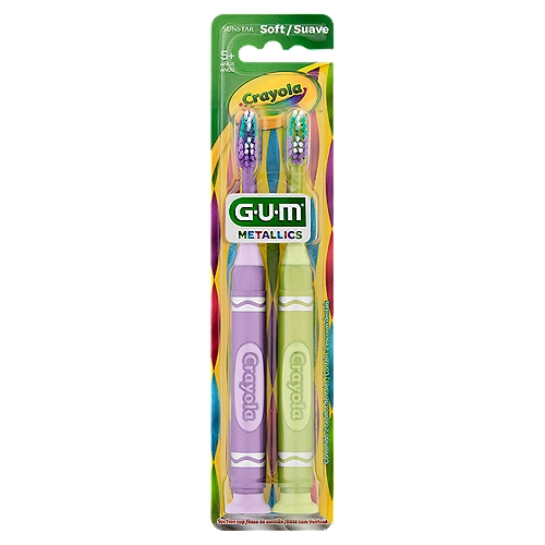 Crayola Gum Soft Metallics Suction Cup Toothbrush, 2 count
Gum® Crayola™ marker-shaped toothbrush, in metallic colors, makes brushing fun!
• Raised tip bristles clean hard-to-reach back teeth
• Slim handle design provides an ergonomic hold and easier grip for small hands
• Suction cup base holds the toothbrush upright which helps to keep bristles clean and reduces clutter on the counter
Note: If base loses suction, run under warm water to reactivate.