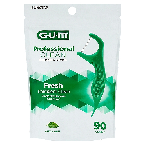 Sunstar GUM Professional Clean Fresh Mint Flosser Picks, 90 count
Good health begins with a better flosser.
Because all mouths are unique, GUM® has a flosser to meet your specific oral health needs and give you a better flossing experience.

Proven fresh mint floss effectively removes more plaque*
*Vs. the leading floss, data on file (DOF- 0030)