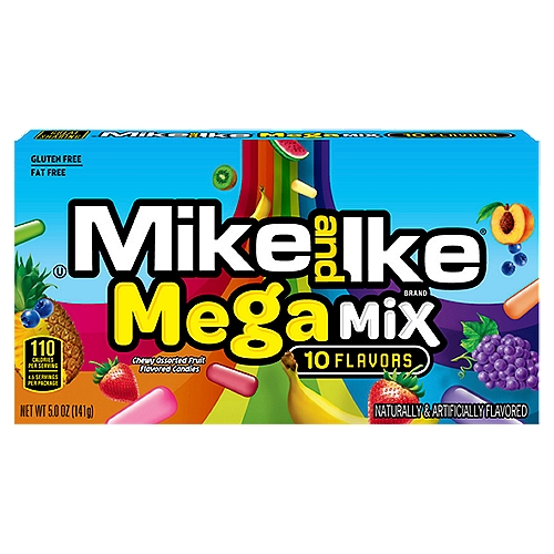 Mike and Ike Mega Mix 10 Flavors Chewy Assorted Fruit Flavored Candies, 5.0 oz
Caribbean punch, strawberry-banana, paradise punch, grape soda, kiwi-banana, mango delight, pineapple-banana, watermelon, peach berry, blue raspberry