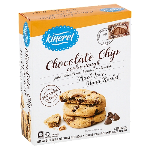 Kineret Chocolate Chip Cookie Dough, 24 count, 24 oz
Freezer-to oven-to table, with the accompanying great smell in the house of baking cookies that we all know & love.