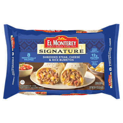 El Monterey Signature Burritos Shredded Steak, Cheese & Rice 8 count, 38.4 oz