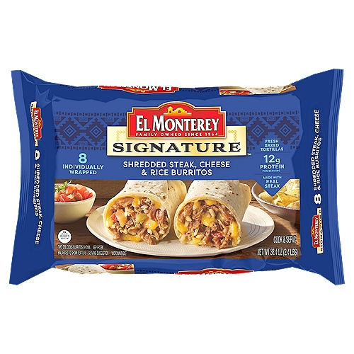 El Monterey Signature Shredded Steak, Cheese & Rice Burritos, 8 count, 38.4 oz
Enjoy a delicious snack or meal anytime with El Monterey Signature Shredded Steak, Cheese & Rice Burritos. These El Monterey Signature burritos are packed with real shredded steak, cheddar and Monterey Jack cheeses, and authentic Mexican spices. Each burrito has 12 grams of protein and 0 grams of trans fat; individually wrapped for the ultimate convenience. Frozen burritos ready in minutes from your microwave; prepare them in the oven or air fryer for a crispier texture! Looking for a quick and easy on-the-go lunch? Or an easy-to-prepare frozen dinner? How about a quick after school snack even the kids can make? El Monterey Burritos are perfect for every occasion! El Monterey has a wide variety of Mexican food favorites like taquitos, single serve frozen meals and frozen breakfast burritos! Stock your freezer with El Monterey Signature Shredded Steak, Cheese & Rice Burritos for a satisfying and delicious snack or meal anytime, anywhere!