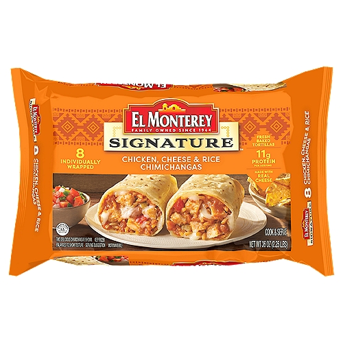 El Monterey Signature Chicken, Cheese & Rice Chimichangas, 10 count, 45 oz
Enjoy a delicious snack or meal anytime with El Monterey Signature Chicken, Cheese & Rice Chimichangas. These El Monterey Signature chimichangas are packed with real chicken, Monterey Jack cheese, and authentic Mexican spices. Each chimichanga has 11 grams of protein and 0 grams of trans fat; individually wrapped for the ultimate convenience. Frozen chimichangas ready in minutes from your microwave; prepare them in the oven or air fryer for a crispier texture! Looking for a quick and easy on-the-go lunch? Or an easy-to-prepare frozen dinner? How about a quick after school snack even the kids can make? El Monterey Burritos and Chimichangas are perfect for every occasion! El Monterey has a wide variety of Mexican food favorites like taquitos, single serve frozen meals and frozen breakfast burritos! Stock your freezer with El Monterey Signature Chicken, Cheese & Rice Chimichangas for a satisfying and delicious snack or meal anytime, anywhere!