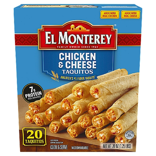 El Monterey Chicken & Cheese Taquitos, 20 count, 20 oz
America's #1 Flour Taquito*
*Source: IRI POS Data ending 5/16/21

You can taste the quality
- Delicious chicken
- Monterey Jack cheese
- Authentic Spices
- Fresh-baked flour tortillas
