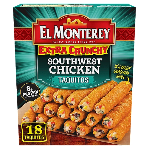 El Monterey Extra Crunchy Southwest Chicken Taquitos, 18 count, 20.7 oz
America's #1 Flour Taquito*
*Source: IRI POS Data ending 5/16/21

You can taste the quality
- Delicious chicken
- Black beans
- Three cheeses
- Fresh-baked tortillas