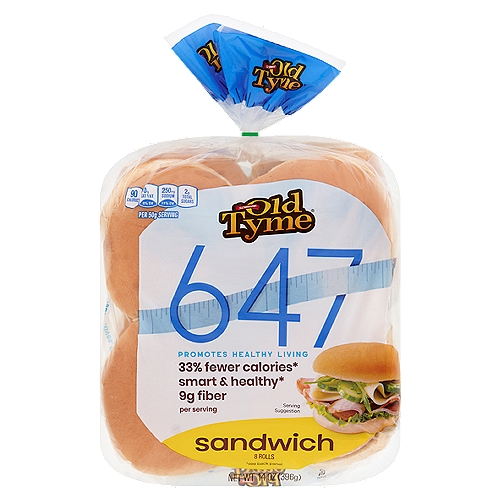 Schmidt Old Tyme 647 Sandwich Roll, 8 count, 14 oz
Smart & healthy*

The healthy roll option that moms love.
Baked fresh every day. Backed by a one hundred and thirty-two year legacy of delicious memories and good times. Blessed by Mother Nature and moms everywhere who value nutrition and great taste in a white roll. Schmidt Old Tyme 547 Rolls have 9 grams of fiber, essential for good health. Yet moms also love it for what it doesn't have only 80 calories and 14 grams of net carbohydrates* per serving. And of course, the freshness and quality are baked right in, making our white rolls a scrumptious delight the entire family will crave. Its white rolls done right. Served with pride, from our family to yours.

Benefits you want with the taste they'll love!
647 Roll per 50g serving: net carbs* 14g; calories 80; fiber 9g
Traditional Wheat Roll per 50g serving: net carbs* 19g; calories 130; fiber 3g
Traditional White Roll per 50g serving: net carbs* 25g; calories 140; fiber 1g
*Net carbs are carbs minus fiber.
