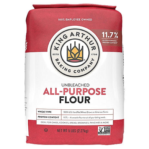 King Arthur Flour Unbleached All-Purpose Flour, 5 lbs
Raise your flour IQ 11.7% protein content*

Wheat Type: 100% U.S. hard red wheat grown on American farms
Protein Content: 11.7% — A versatile flour to suit all your baking needs*
*Protein: The power in your flour
Protein is the ultimate attribute of quality in wheat flour. Choosing the right protein content for your recipe makes your bread rise higher, your cakes moist, and your pizza crust chewier. Protein content in other flour brands can vary by 2% or more from one bag to the next.

Protein content 11.7%
Hard red wheat selected for protein content
Strong enough for yeast breads, mellow enough for cakes
Tightest specifications in the industry for great results every time you bake