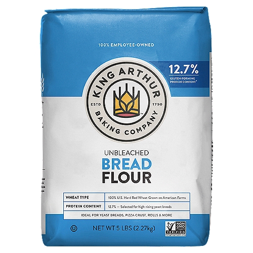 King Arthur Baking Company Unbleached Bread Flour, 5 lbs
Our higher gluten bread flour delivers consistent, dependable results. Your choice of flour makes a very big difference in bread baking: flours with a higher protein content create loftier yeasted breads. Our bread flour is 12.7% protein - a full point higher than other national brands. It strengthens the rise, so your breads are lofty and perfectly textured every time. Certified kosher. Use it for all your yeast baking, from bread (including bread machine loaves) to rolls to pizza. Combine it with whole wheat flour to add extra height to dense whole grain baked goods that need a little lift. Higher protein flour like bread flour will absorb more liquid than others. When baking with bread flour, add about 2 teaspoons extra liquid for each cup of flour in order to produce the proper consistency of dough. Flour this good doesn't happen by accident. It's the result of attention to detail, consistency in milling, and our desire to ensure that each and every person has the very best baking experience possible.