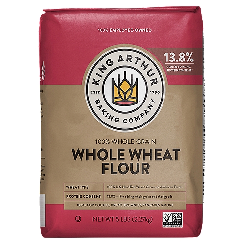King Arthur Flour 100% Whole Grain Whole Wheat Flour, 5 lbs
Raise your flour IQ 14.0% protein content*

Wheat Type: 100% U.S. hard red wheat grown on American farms
Protein Content: 14% — Substitute for all-purpose flour to add whole grain*
*Protein: The power in your flour
Protein is the ultimate attribute of quality in wheat flour. Choosing the right protein content for your recipe makes your bread rise higher, your cakes moist, and your pizza crust chewier. Protein content in other flour brands can vary by 2% or more from one bag to the next.

Protein content 14.0%
Hard red wheat selected for protein content
Robust flavor from 100% whole grain
Tightest specifications in the industry for great results every time you bake