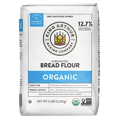 King Arthur Flour Organic Unbleached Bread Flour, 5 lbs
Raise Your Flour IQ 12.7% Protein Content*

Wheat Type: 100% organic hard red wheat grown on American farms
Protein Content: 12.7% - Selected for high-rising yeast breads*
*Protein: The Power in Your Flour
Protein is the ultimate attribute of quality in wheat flour. Choosing the right protein content for your recipe makes your bread rise higher, your cakes moist, and your pizza crust chewier. Protein content in other flour brands can vary by 2% or more from one bag to the next.

Protein Content: 12.7%
Organic Hard Red Wheat selected for Protein Content
Lofty rise and perfect texture, every time
Tightest Specifications in the Industry for Great Results Every Time You Bake