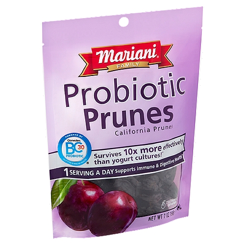 Mariani Probiotic California Prunes, 7 oz
Powered by Ganeden BC30 Probiotic® Digestive & Immune Health

Survives 10x more effectively than yogurt cultures!*
*In an independent lab study of a simulated gastric environment with a pH of 2.0 for two hours, Ganeden BC30® cells were delivered 10x more effectively than common yogurt cultures.

1 Serving a Day Supports Immune & Digestive Health**
**As part of a balanced diet and healthy lifestyle.

Prebiotics
Prunes contain soluble fiber that may act as a fuel source for probiotics allowing them to thrive.

Probiotics
Help maintain the balance between good and bad bacteria

Perfect partners for overall wellness
