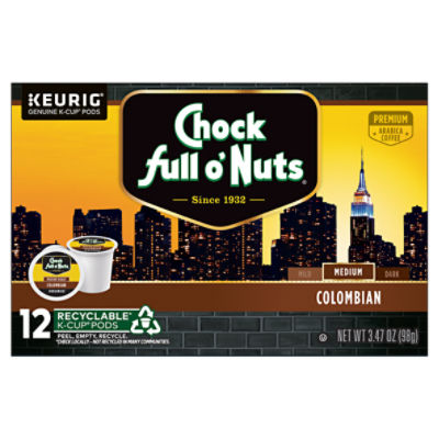 Chock full o'Nuts Colombian Medium Roast Arabica Coffee K-Cup Pods, 12 count, 3.47 oz