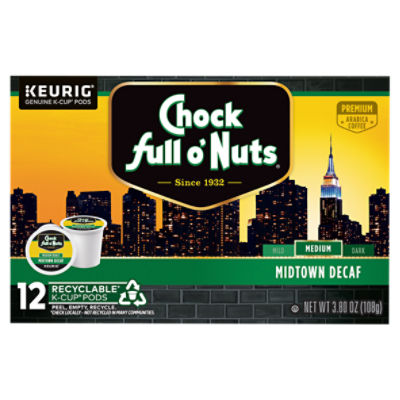 Chock Full o'Nuts Midtown Decaf Medium Roast Arabica Coffee K-Cup Pods 12 count, 3.80 oz