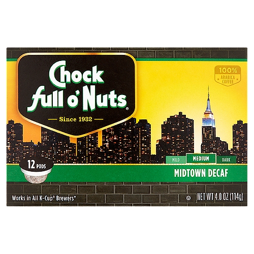 Chock full o'Nuts Midtown Decaf Coffee K-Cup Pods, 12 count, 4.0 oz
100% Arabica Coffee
