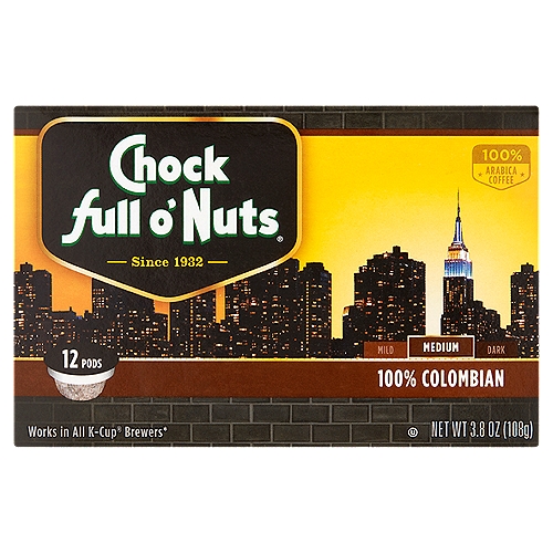 Chock full o'Nuts 100% Colombian Medium Coffee K-Cup Pods, 12 count, 3.8 oz
100% Arabica Coffee